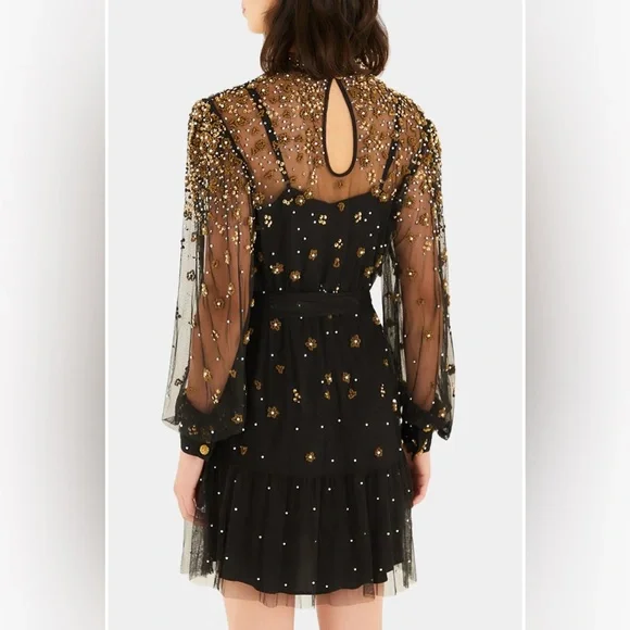 FARM RIO Black Embroidered Tulle Overlay Belted Long Sleeve Mini Dress,Small,398 - Picture 5 of 16